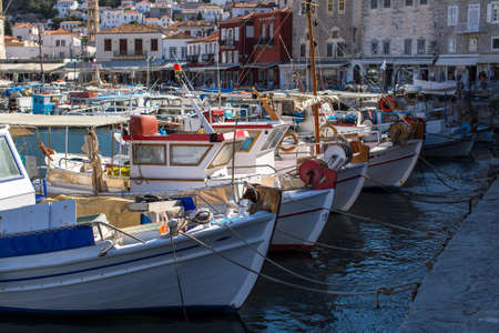 Fishing boats in the harbour of Hydra island, Aegean sea, Greece.の写真素材