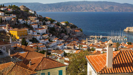 Top view of Hydra island, yacht marina and the Aegean sea, Greece.の写真素材