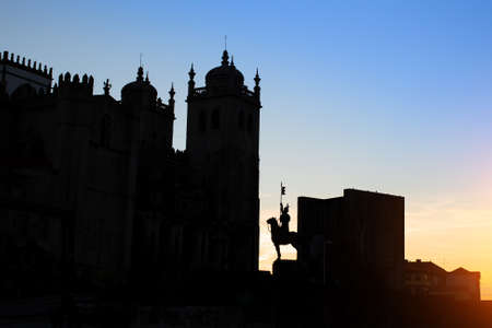 Cathedral Se do Porto silhouette at dusk, Portugal.の写真素材