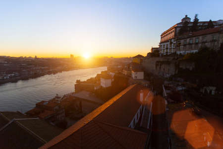 Top view of the houses in bank Douro river, Porto, Portugal.の写真素材