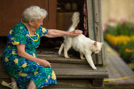 An elderly woman with a cat sitting on the porch of the house.の写真素材