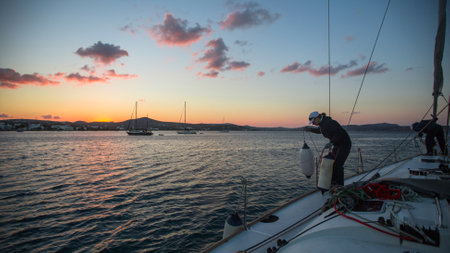 MILOS, GREECE - SEP 27, 2016: Sailors participate in sailing regatta 16th Ellada Autumn 2016 among Greek island group in the Aegean Sea, in Cyclades and Saronic Gulf.のeditorial素材