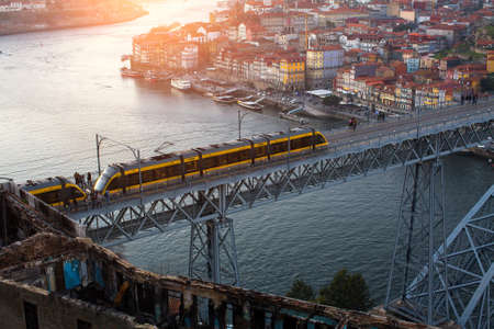 Top view of the Douro river and Dom Luis I bridge, Porto, Portugal.の写真素材