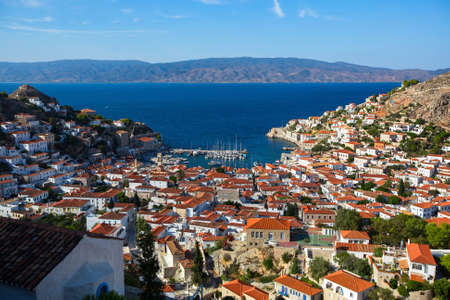 View of houses Hydra island on a Sunny day. Greece, Aegean sea.の写真素材