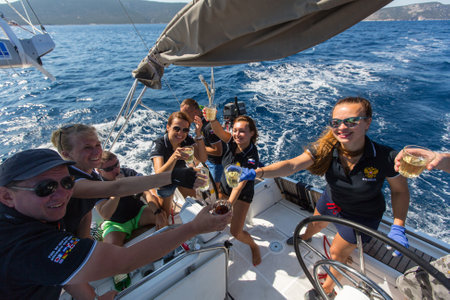 HYDRA, GREECE - SEP 28, 2016: Sailors participate in sailing regatta 16th Ellada Autumn 2016 among Greek island group in the Aegean Sea, in Cyclades and Saronic Gulf.のeditorial素材