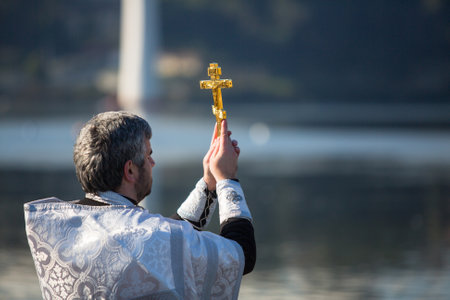 PORTO, PORTUGAL - JAN 19, 2017: Celebrating Baptism of Jesus in the Parish of Russian Orthodox Church near Douro river. This is one of the holiest holidays for all Christians.のeditorial素材