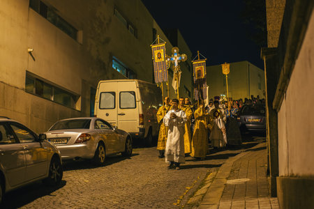 PORTO, PORTUGAL - APR 16, 2017: Night Easter procession during celebrations of Orthodox Easter in Parish of Sainted New Martyrs and Confessors of Russia at Russian Orthodox Church.のeditorial素材