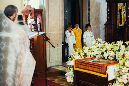 PORTO, PORTUGAL - APR 16, 2017: Celebration of Orthodox Easter in Parish of Sainted New Martyrs and...