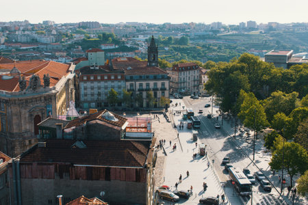 PORTO, PORTUGAL - APR 15, 2017: View of old Porto downtown from Clerigos Tower. City of Porto was elected from 20 selected Best European Destination 2017 and won this prestigious title.のeditorial素材