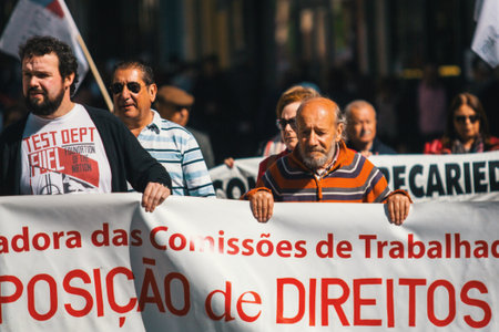 PORTO, PORTUGAL - MAY 1, 2017: During celebration of May Day in the city centre. General Confederation of Portuguese workers, traditionally associated with the Communist party, has 800.000 members.のeditorial素材