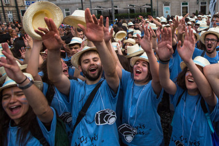 PORTO, PORTUGAL - MAY 9, 2017: Participants of Queima Das Fitas Parade - traditional festivity of students of Portuguese universities. Porto's Queima was the first to reborn after the 1974 revolution.のeditorial素材