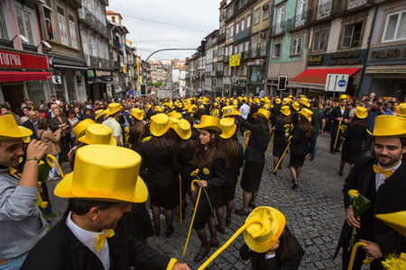 PORTO, PORTUGAL - MAY 9, 2017: Participants of Queima Das Fitas Parade - traditional festivity of...