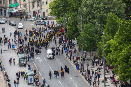 PORTO, PORTUGAL - MAY 9, 2017: Participants of Queima Das Fitas Parade - traditional festivity of students of Portuguese universities. Porto's Queima was the first to reborn after the 1974 revolution.のeditorial素材