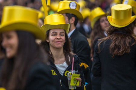 PORTO, PORTUGAL - MAY 9, 2017: Participants of Queima Das Fitas Parade - traditional festivity of students of Portuguese universities. Porto's Queima was the first to reborn after the 1974 revolution.のeditorial素材