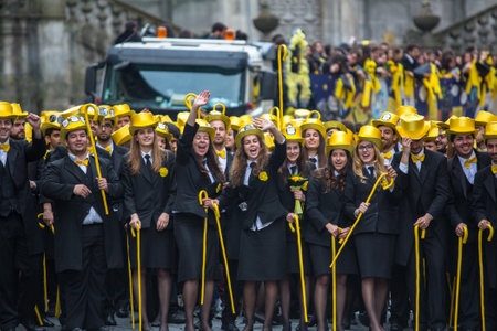 PORTO, PORTUGAL - MAY 9, 2017: Participants of Queima Das Fitas Parade - traditional festivity of students of Portuguese universities. Porto's Queima was the first to reborn after the 1974 revolution.のeditorial素材