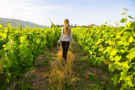Gorgeous woman with blond dreadlocks have fun in the vineyards.の写真素材