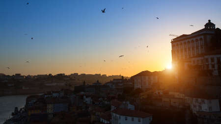 Bird's-eye view old downtown of Porto at sunset, Portugal.の写真素材
