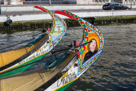 AVEIRO, PORTUGAL - JUN 30, 2017: Traditional boats moliceiro on main city canal. This vessels was originally used for harvesting of seagrass (molico), but currently most used for tourist purposes.のeditorial素材