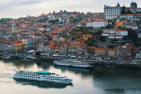Bird's-eye view of Douro river and Ribeira in Porto, Portugal.のeditorial素材