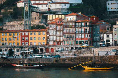 View of Ribeira at Douro river, Old Porto center, Portugal.の写真素材