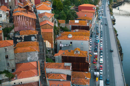 Top view of residential district on banks of Douro river, Porto, Portugal.の写真素材