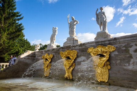 St.PETERSBURG, RUSSIA - SEP 5, 2017: The fountains of the Grand Cascade in Peterhof. Is one of the largest fountains in the world. Peterhof Palace included in the UNESCO's World Heritage List.のeditorial素材