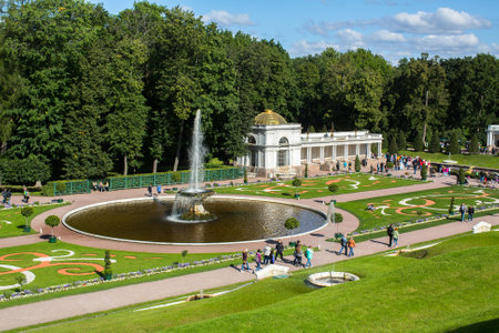 St.PETERSBURG, RUSSIA - SEP 5, 2017: The fountains of the Grand Cascade in Peterhof. Is one of the largest fountains in the world. Peterhof Palace included in the UNESCO's World Heritage List.のeditorial素材