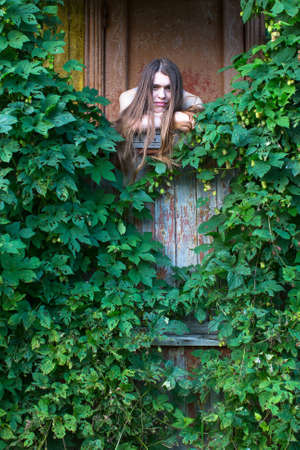 Young pretty woman on the porch of a village house among greenery.の写真素材