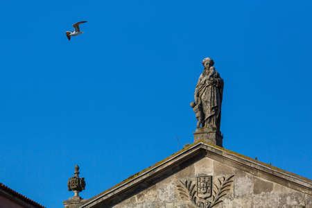 Ancient statue on the roof of one of houses in the centre of old Porto, Portugal.の写真素材