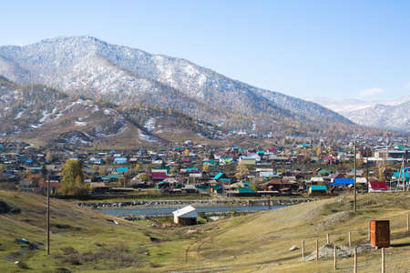 View of rural locality Onguday, Republic Altai Mountains, Russia.の写真素材