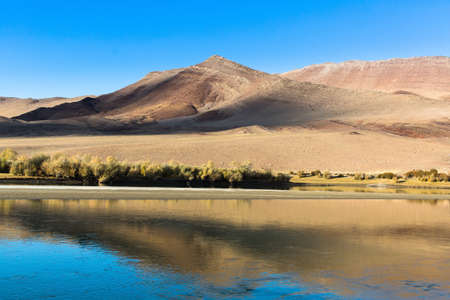 Landscape of the lake, steppe and mountains in Western Mongolia.の写真素材
