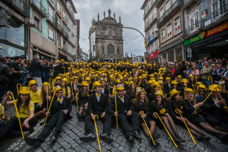 PORTO, PORTUGAL - MAY 9, 2017: Participants of Queima Das Fitas Parade - traditional festivity of students of Portuguese universities. Porto's Queima was the first to reborn after the 1974 revolution.のeditorial素材
