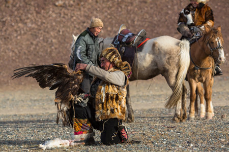 SAGSAY, MONGOLIA - SEP 28, 2017: Kazakh Eagle Hunter traditional clothing, while hunting to the hare holding a golden eagle on his arm in desert mountain of Western Mongolia.のeditorial素材
