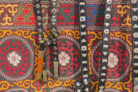 Mongolian horse harness and handicrafts selling on the street market.