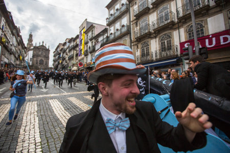 PORTO, PORTUGAL - MAY 9, 2017: Queima Das Fitas Parade - traditional festivity of students of Portuguese universities. Porto's Queima was the first to reborn after the 1974 revolution.のeditorial素材