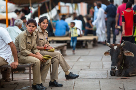 VARANASI, INDIA - MAR 29, 2018: Police patrol the streets of the city. According to legends, the city was founded by God Shiva about 5000 years ago.のeditorial素材