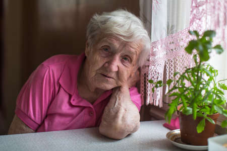 Elderly woman pensioner in the kitchen portrait.の写真素材