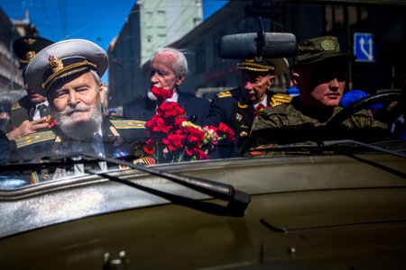 ST. PETERSBURG, RUSSIA - MAY 9, 2018: During Immortal Regiment march in the Victory Day celebrations, marking the 73rd anniversary of the victory over Nazi Germany in World War Two.のeditorial素材