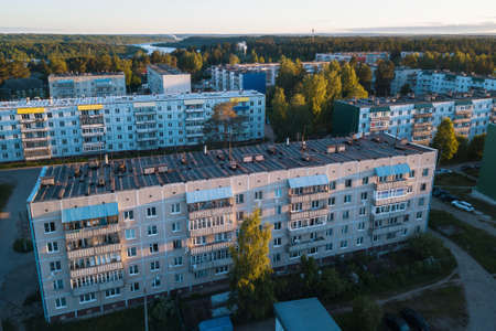 Bird's eye view of houses in urban-type settlement, Nikolskiy, Leningrad region, Russia.の写真素材