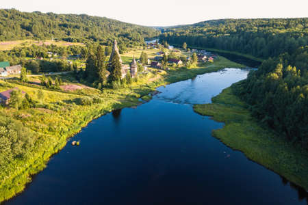 Top view of Vazhinka river in Soginicy village. Green forests of Leningrad region and Republic of Karelia, Russia.の写真素材