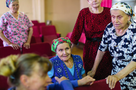 LADVA (VEPSIA) LENINGRAD.REG, RUSSIA - AUG 11, 2018: Vepsian locals women in the rural social club. Veps language included in the 2009 UNESCO Atlas of the world's endangered languages as endangered.のeditorial素材