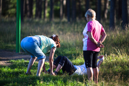 NIKOLSKY /LENINGRAD.REG, RUSSIA - YUL 29, 2018: Participants of action of "Second Breath" sports club for pensioners, supported by the Russian Railways charity Fund "Honor"のeditorial素材
