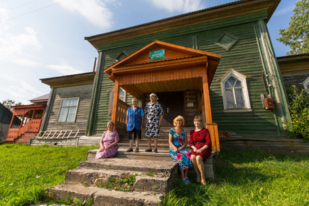 LADVA (VEPSIA) LENINGRAD.REG, RUSSIA - AUG 11, 2018: Vepsian locals women in the rural social club. Veps language included in the 2009 UNESCO Atlas of the world's endangered languages as endangered.のeditorial素材