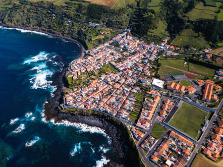 Top view of Maia city coasts on San Miguel island, Azores archipelago, Portugal.のeditorial素材