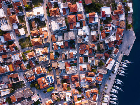 Aerial view of Ermioni houses and harbor, Aegean sea, Greece.のeditorial素材
