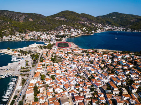 Top view of the houses and sea Marina in Poros island, Aegean sea, Greece.