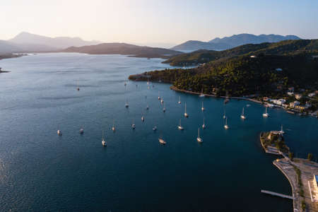 Aerial view of the Methana sea yaht harbor, Aegean sea, Greece.の写真素材