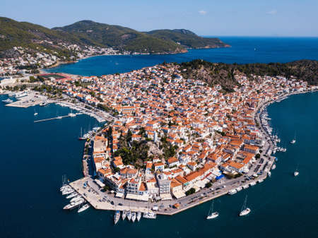 Top view of the Poros island Sea harbor, Aegean sea, Greece.の写真素材