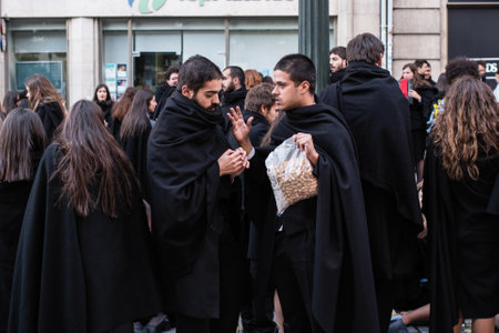 PORTO, PORTUGAL - OCT 28, 2018: Participants of the traditional Cortejo da Latada universities student festival in Porto center. Week of Reception to the Freshman takes place last days of October.のeditorial素材