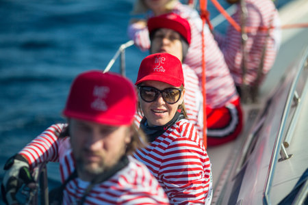 METHANA, GREECE - OCT 7, 2018: Sailors participate in sailing regatta 20th Ellada Autumn 2018 among...
